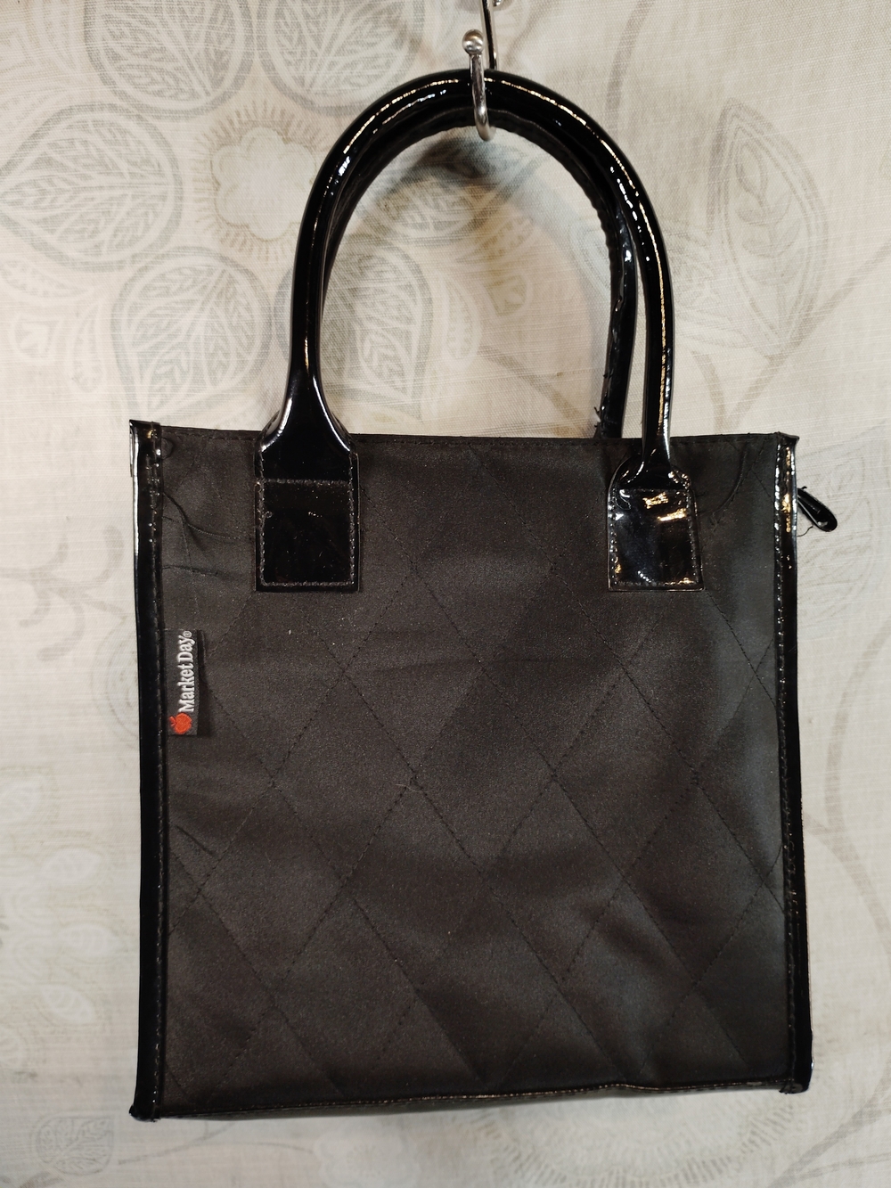 Market Day Black Quilted Insulated Lunch Tote Bag with Patent Handles